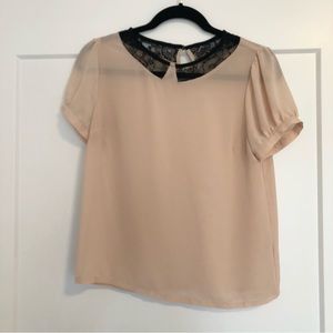 Chloe K Cream Black Lace Short Sleeves Blouse Top Small